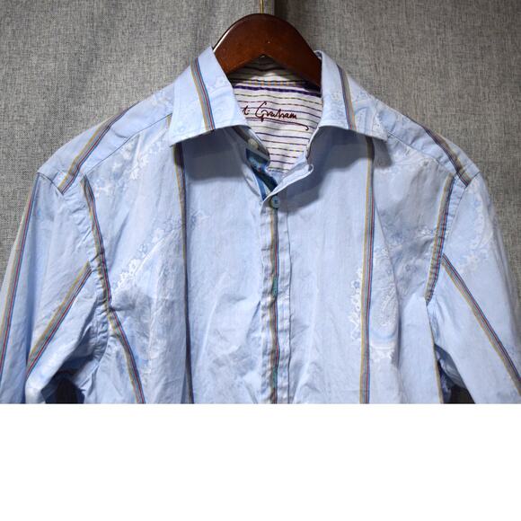 Robert Graham Men’s Medium Striped Jacquard Button-Down Shirt Light Blue - Picture 2 of 3